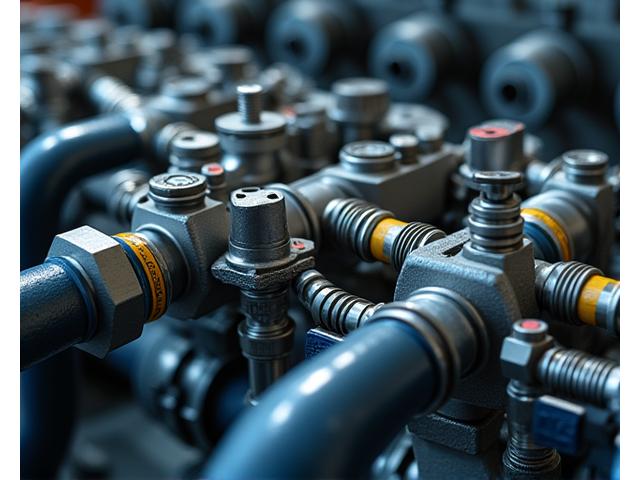 Nahaufnahme von komplexen Hydraulikschläuchen und Ventilen in einer Maschine