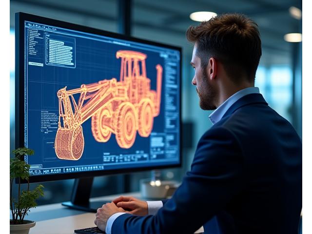 Präzisionszeichnung einer Baumaschine durch einen Ingenieur am Computer