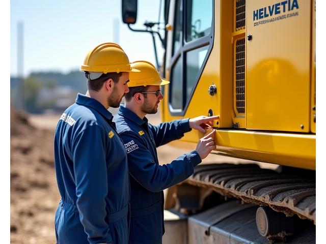Techniker in Arbeitskleidung prüfen eine grosse gelbe Baumaschine auf einer Baustelle