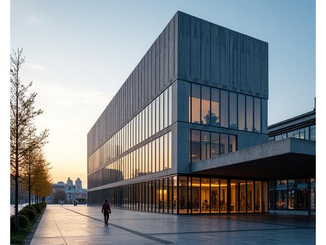 Blick auf den modernen Hauptsitz der Helvetia Baumaschinen AG in Zürich bei Sonnenuntergang